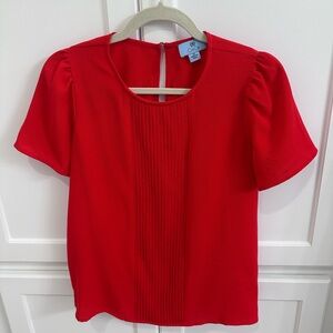 CeCe Red Puff Sleeve Blouse with Boxy Pleats